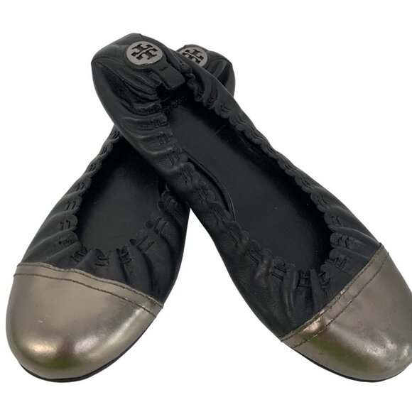 Tory Burch Abbey Black Leather Ballet Flats W/ Metallic Cap Toe Size 7.5 EUC - Picture 5 of 11